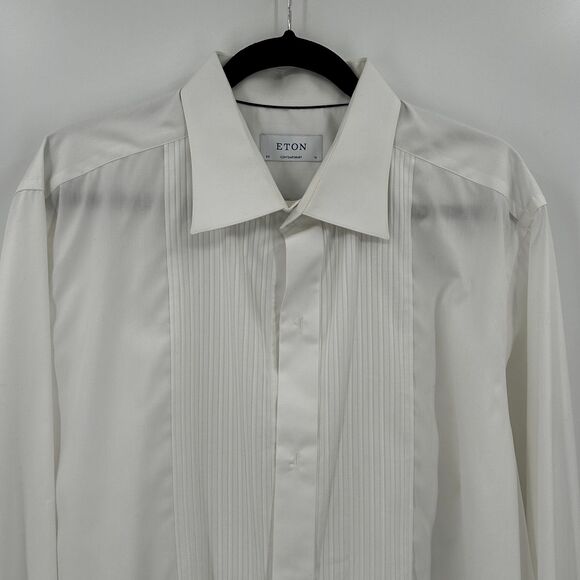 ETON Men White Pleated Button Down Formal Cuff Link Sleeve Shirt Size 46 Neck 18 - Picture 4 of 9